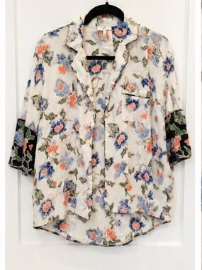 Joie Cream Floral Button-Front Blouse with Blue and Coral Print